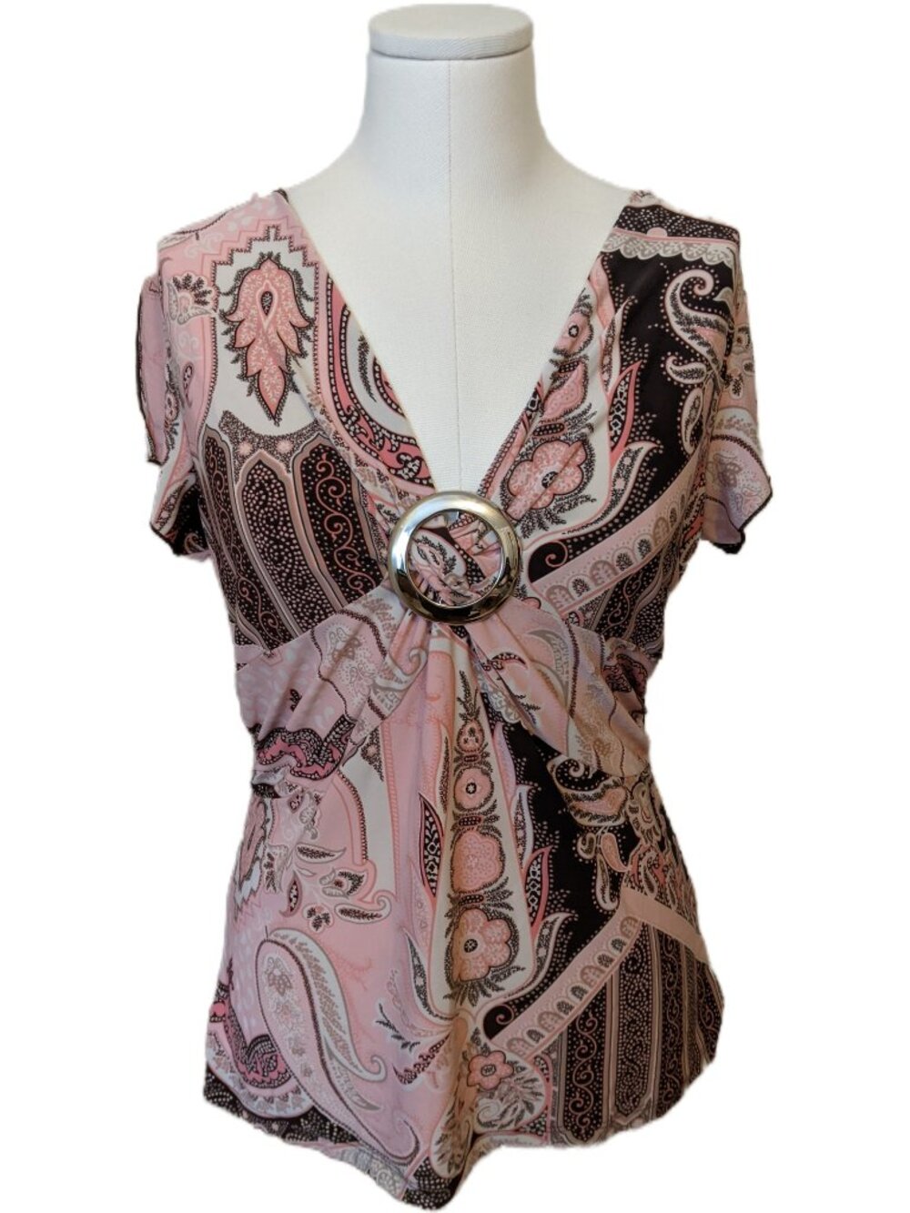 Vintage Y2K Pink Paisley Blouse Silver Buckle V-Neck Top Cyber McBling 2000s L